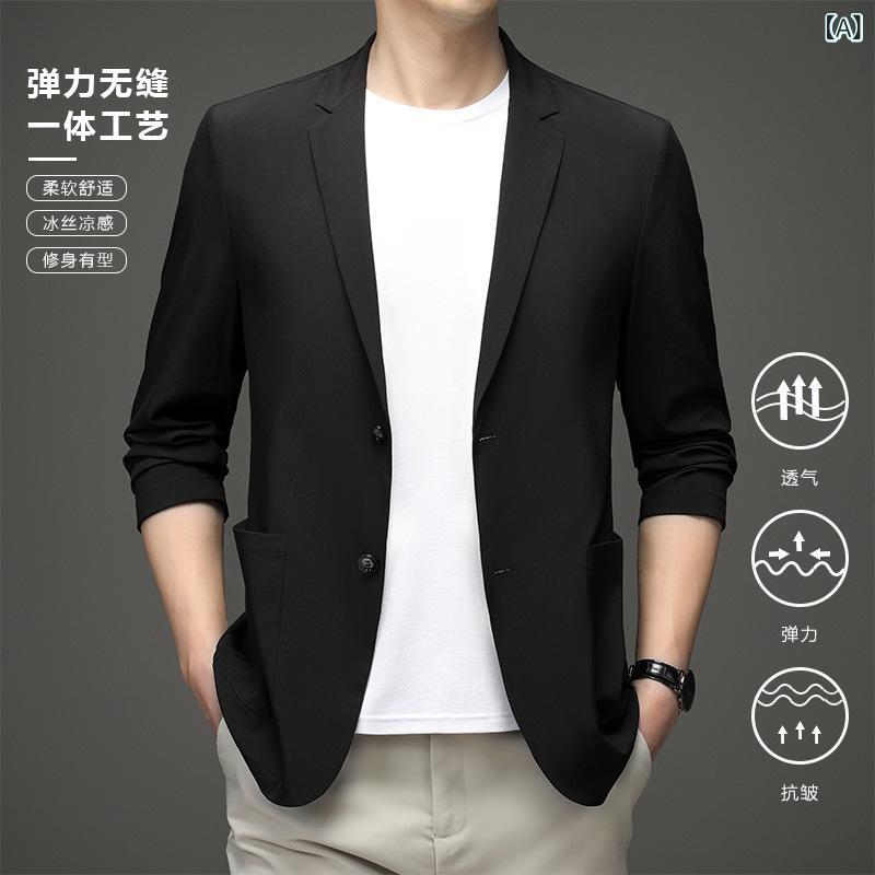 メンズ ジャケット 薄手 防風 接触冷感 長袖 西装領 シングルブレスト 合体型 純色 ロブヘム サイドポケット ポリエステル ブラック ベージュ ダークグレー ライトグレー ライトブルー 春夏 秋 中年 男性用 ビジネス カジュアル 軽量 超薄 免?