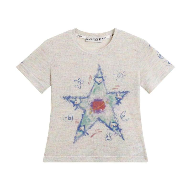 Tシャツ レディース 夏 グレー 星柄 プリント 短袖 ゆったり ルーズフィット 丸首 綿素材 接触冷感 吸湿速乾 免アイロン かわいい ストリート カジュアル トップス 普段使い 軽量 通勤