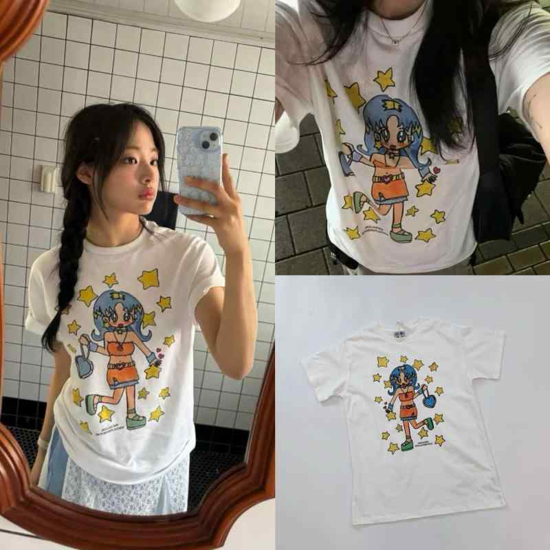 Tシャツ 女の子 かわいい 原宿風 星柄 短袖 トップス ゆったりシルエット 綿素材 接触冷感 吸湿速乾 丸首 プリント加工 夏用 日常使い 部屋着 白 アイボリー