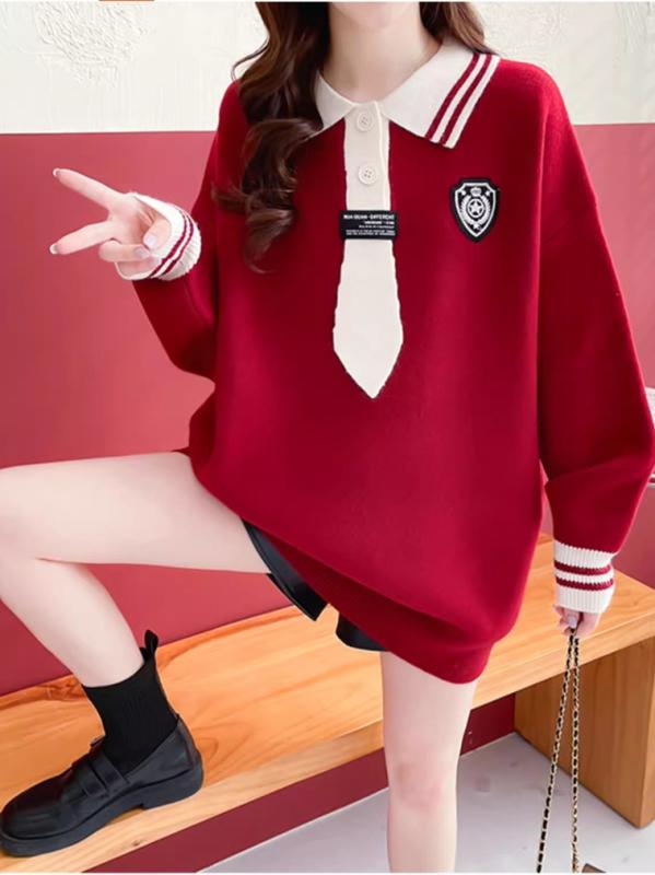 セーター 女性用 学院風 かわいい 赤 ミドル丈 長袖 ポロカラー セットインスリーブ 提花 幾何柄 ポリエステル 秋冬 ファッション トップス ニット 甘め 清楚 ゆったり 着こなし コーデ