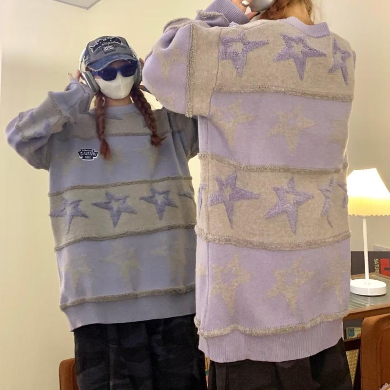 秋冬 ニットセーター レディース ゆったりシルエット ラグジュアリー 星条柄 植毛刺繍 綿混 厚手 長袖 ルーズフィット 丸首 中長丈 紫色 赤 ゆったりカジュアル 暖か 接触冷感 吸湿速乾 秋冬 部屋着 通勤用 アウトドア
