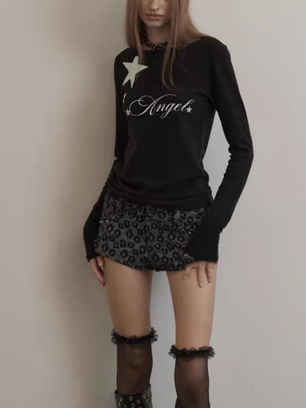 Tシャツ 女性用 長袖 インナー トップス 修身 フィット ストリートスタイル ヒップホップ風 ユーロアメリカン 個性派 かわいい 星柄 プリント ロゴ ポリエステル 吸湿速乾 軽量 伸縮性 接触冷感 春夏 夏物 ホワイト ブラック 丸首 セットインスリ