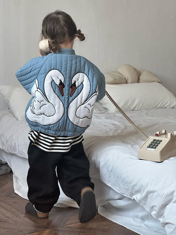 子供服 コート 男女中性 3-8歳 冬用 厚手 綿混 ポリエステル 柔らかい 動物柄 かわいい 刺繍 ラビットファー 短丈 丸首 ジッパー ピンク チェリー 橙色 オレンジ ブルー ベージュ パープル ネイビー 桜 女の子 ガール 天鵞絨 スワン ハート