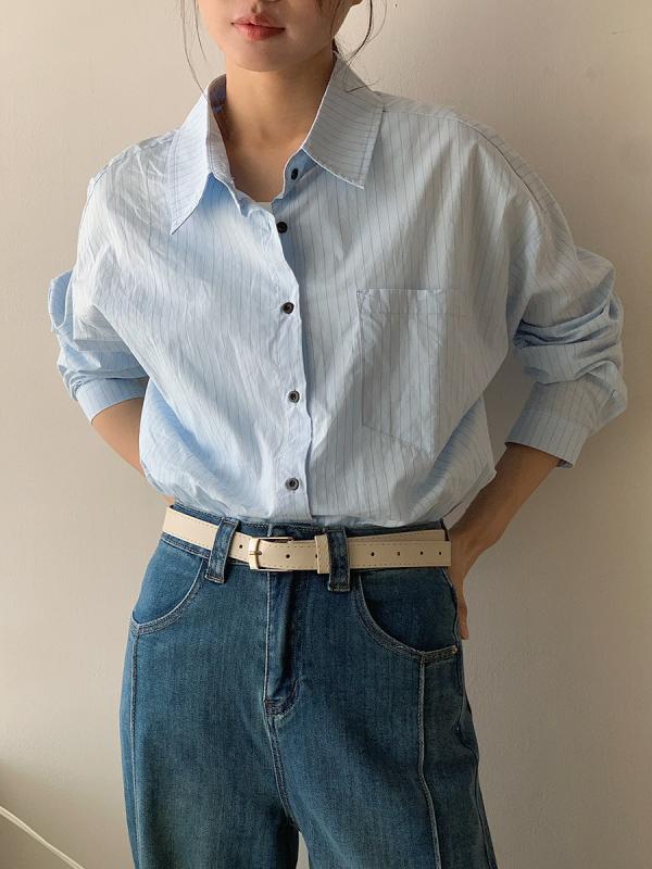 レディース シャツ トップス 開襟 長袖 ストライプ柄 切り替え 綿 ポリエステル 混合 素材 ゆったり シルエット 普通丈 夏 シーズン ブルー ホワイト ライン 日常 使い デイリー スタイル 日韓 カジュアル 快適 着こなし コーディネート