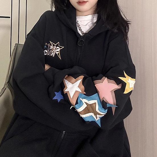 レディース ルーズフィット フーディー ジャケット ブラック 杏色 春夏 秋冬 アウトドア 普段使い 伸縮性 吸湿速乾 接触冷感 再生繊維 中厚 長袖 ポロカラ プリント ジッパー ポケット ストリート スタイル 野球風 ロング丈 ワイドシルエット かわ｜トミーショップ 店