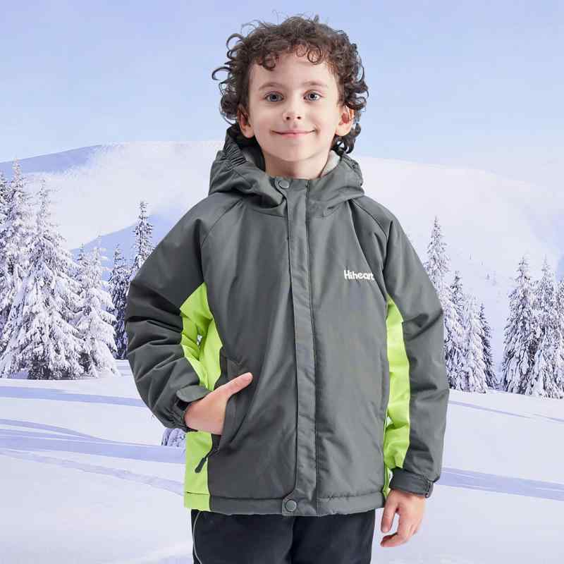 キッズ 男の子 女の子 滑雪服 冬用 子供 暖か 防水 ジャケット 連帽 ニット コットン ジャケット 厚手 フリース ライナー ニロン 生地 ポリエステル 裏地 グレーグリーン ネイビー ルーズフィット ロング丈 子供用 110cm 120cm 130