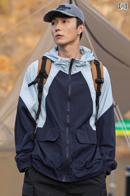 アウトドア 防晒 ジャケット 男女 夏 登山 機能 風 情? 肌触り 凉感 ワーク コート 薄手 速乾 透気 防水 紫外線カット 超軽量 防風 ナイロン 生地 クラッシュカラー フード 付き 70以上 防晒 深海ブルー アイボリー ベージュ カラーバリエ