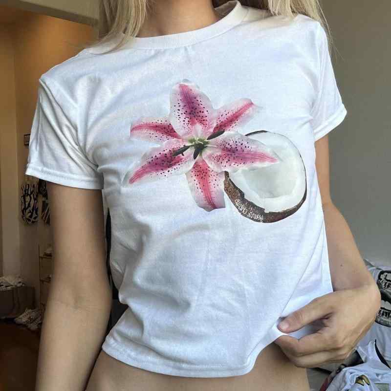 Tシャツ レディース 春夏 短袖 丸首 修身 ポリエステル 甘め 清新 紫色花柄 酒杯プリント 花束プリント 浅黄色貝殻 チェリー 赤色花柄 メガネプリント 紫色貝殻 かわいい 普段使い 軽量 伸縮性