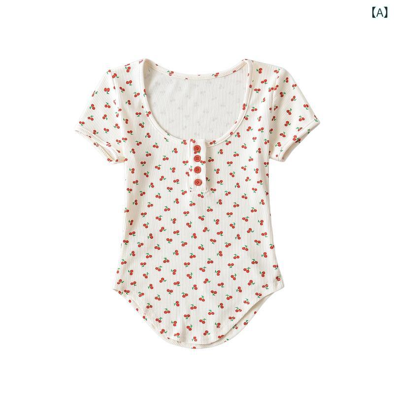 Tシャツ 女性用 かわいい 短袖 トップス 方領 修身 短丈 クロップド 露? 綿 ストレッチ 素材 桜柄 プリント チェリー 模様 杏色 ピーチカラー 軽量 通気性 吸湿速乾 春夏 シーズン 爽やか スタイル 普段使い デート コーデ
