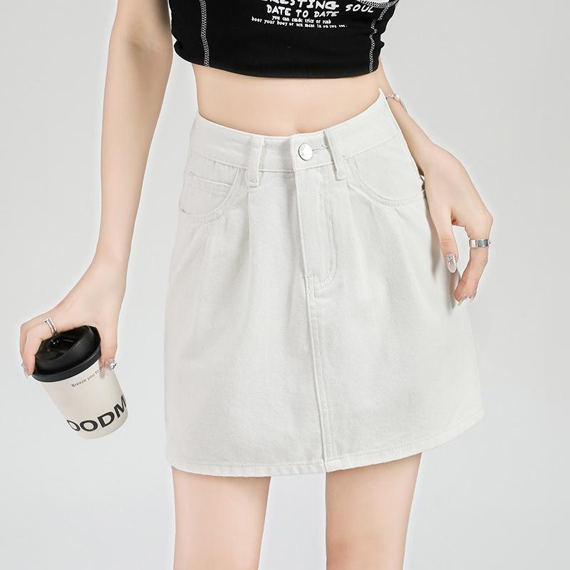 スカート 女性用 春夏 米杏色 デニム Aライン ハイウエスト 膝丈 包み コットン 素材 軽量 伸縮性 防走光 インナー付き スリム かわいい 私服 普段使い 甘め 清楚 スタイル ミディ丈 ミモレ丈