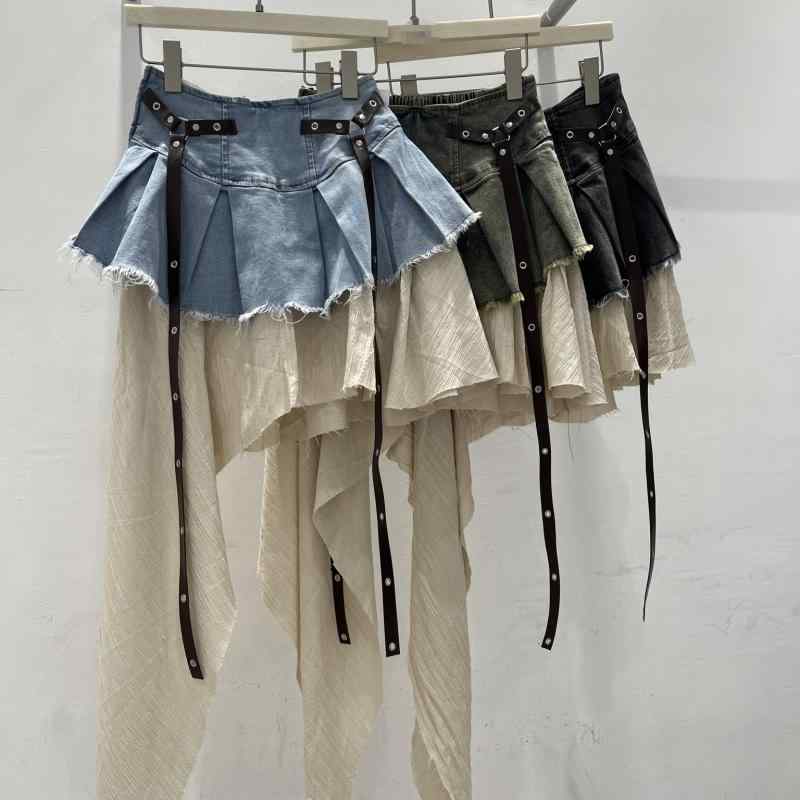 スカート 女性用 デニム 半身スカート 切り替え Aライン 不規則 ミディ丈 短め ハイウエスト 軽量 伸縮性 夏 春夏 スカート トップス かわいい 甘辛 カジュアル 普段使い 通勤用 デイリー 軽快 動きやすい コットン混 再生繊維 ライトブルー ブ
