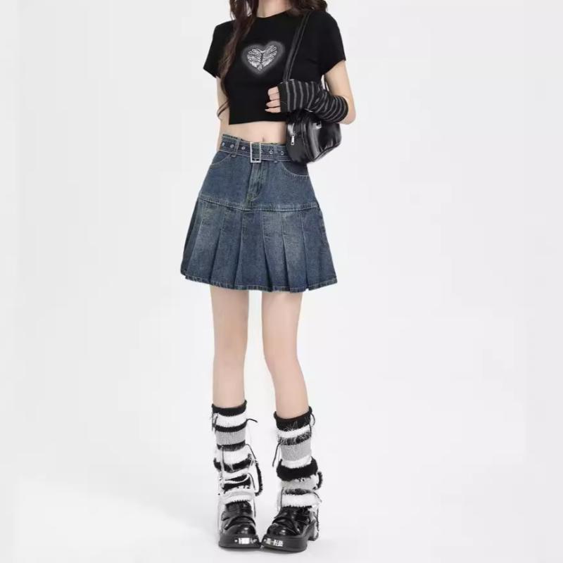 スカート レディース 春夏 デニム 短め Aライン 包臀 ハイウエスト 百褶 半身 復古 かわいい 女性用 スタイルアップ 気質 通勤 普段使い 洗い加工 口袋 ジッパー ボタン 軽量 無弾性 ブルー系 切り替え ラッキーアイテム
