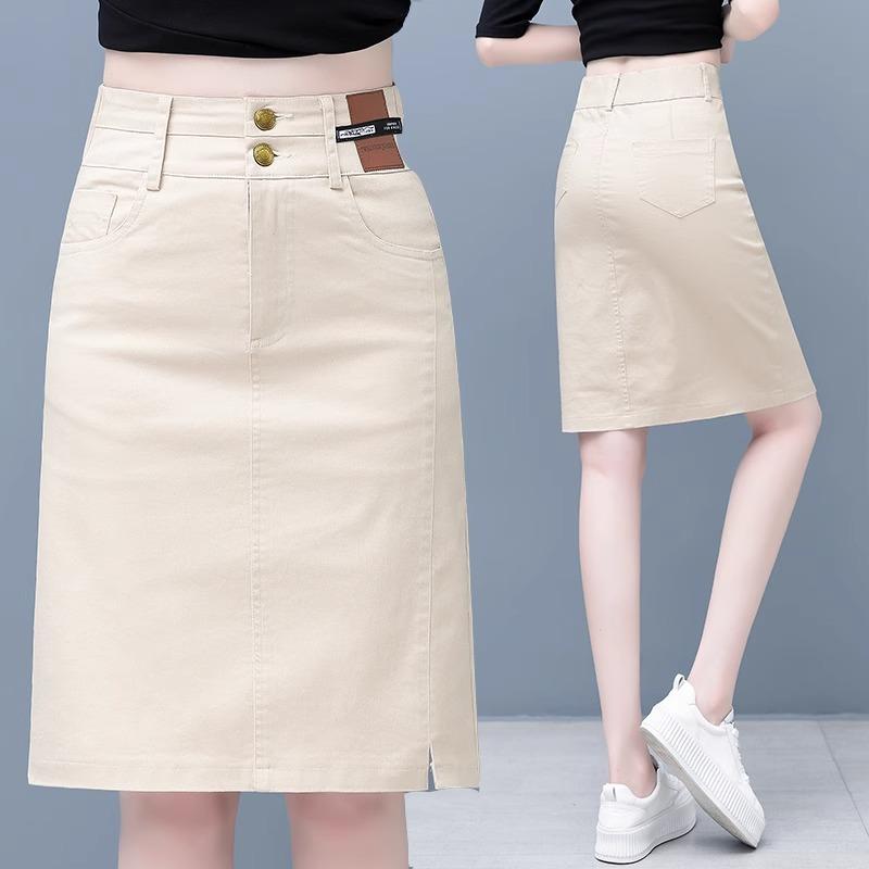 スカート 女性用 小柄向け 夏用 ファッション 気品 スリット ヒップハッグ ミドルスカート Aライン ショートスカート 米白色 綿 ストレッチ 軽量 吸湿速乾 ヴィンテージ加工 ミッドレングス シンプル カジュアル 普段使い ミドルカラー ベージュ系