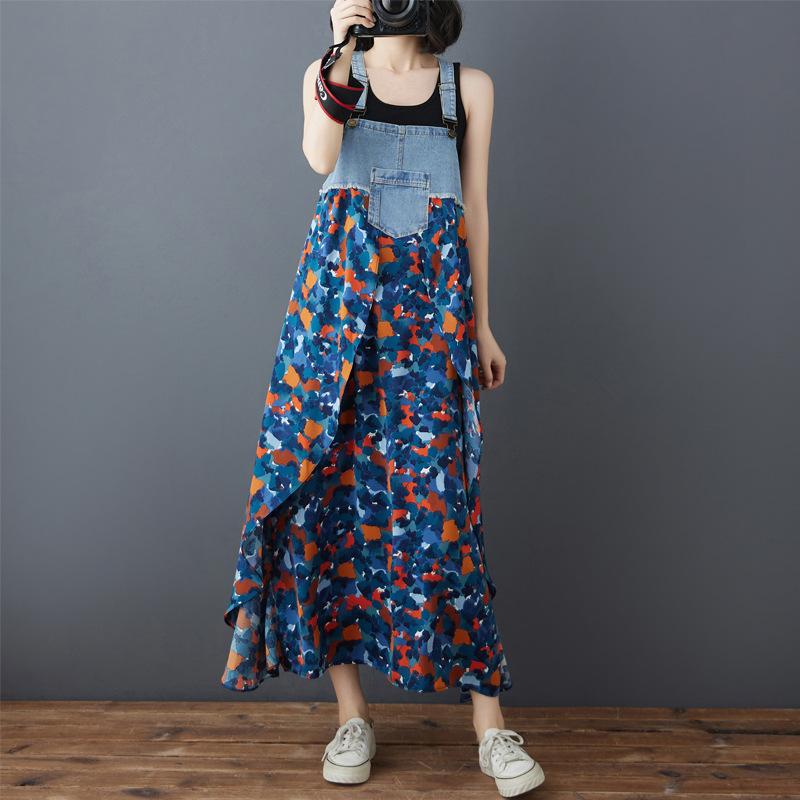 ワンピース レディース 春夏 荷葉縁 フレアスカート 無袖 バックストラップ 中長丈 ゆったりシルエット プリント柄 雪紡素材 デニム風 切り替えデザイン 接触冷感 吸湿速乾 軽量 通勤 普段使い 部屋着 カジュアル ビンテージ ブラック ネイビー ブル