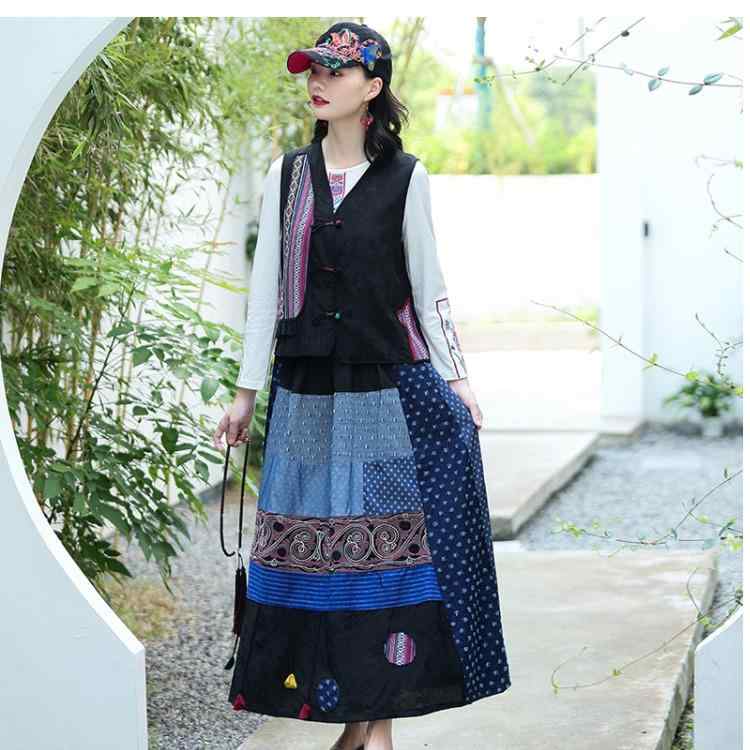 スカート 女性用 半身スカート デニム ロング Aライン 民族風 刺繍 花柄 植物モチーフ 切り替え デザイン ゆったり スリム 効果 伸縮 ウエスト ゴム 入 復古 スタイル ボヘミアン 風 ボリューム 感 カジュアル 普段使い 軽量 通年
