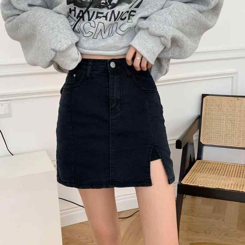 スカート 女性用 デニム ミニスカート 黒 コットン ストレッチ 包臀 サイドスリット 中丈 半身スカート セクシー 春夏 日韓カジュアル 普段使い 快適 軽量 潮