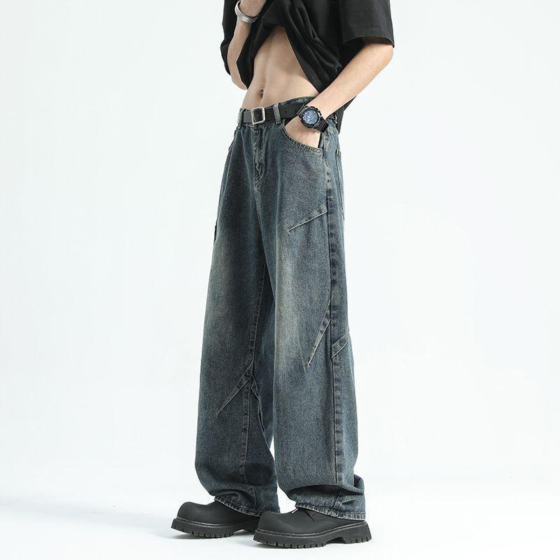 メンズ デニムパンツ 直筒 ワイドレッグ 中腰 水洗加工 コットン混 ポリエステル 無弾性 長丈 厚手 暖か 日常着 ゆったり 大きいサイズ クラシック ブルー ブラック グレー 通年