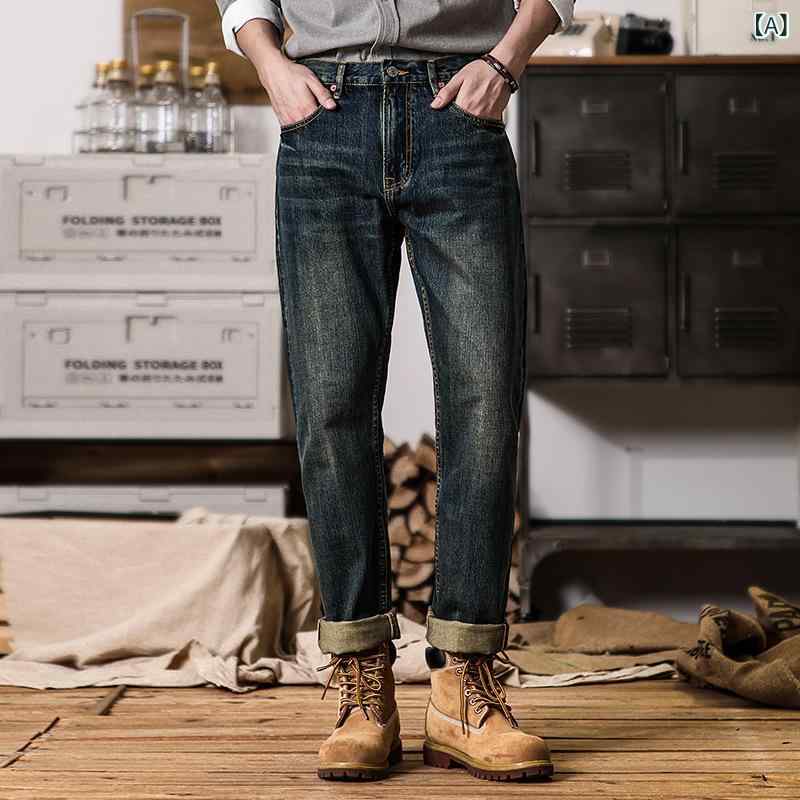 メンズ 牛仔パンツ デニム 長ズボン テーパード スリムフィット ワイドレッグ ミディアムウエスト ジップフライ ミディアム厚 コットン 99% 微弾性 洗い加工 ビンテージ加工 シワ加工 猫須加工 赤耳 クラシック 復古風 トレンド カジュアル 日常使