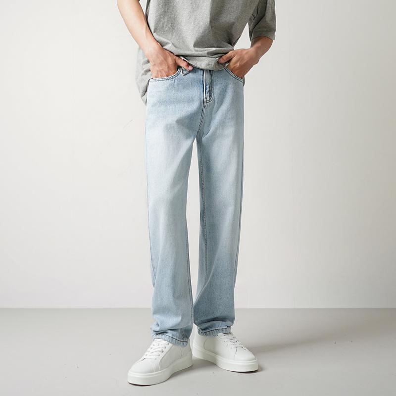 メンズ ストレート デニムパンツ ライトブルー 綿混 薄手 春 ミドルウエスト ジップフライ 多ポケット ノンストレッチ ロング丈 ゆったり トレンド 日常使い カジュアル
