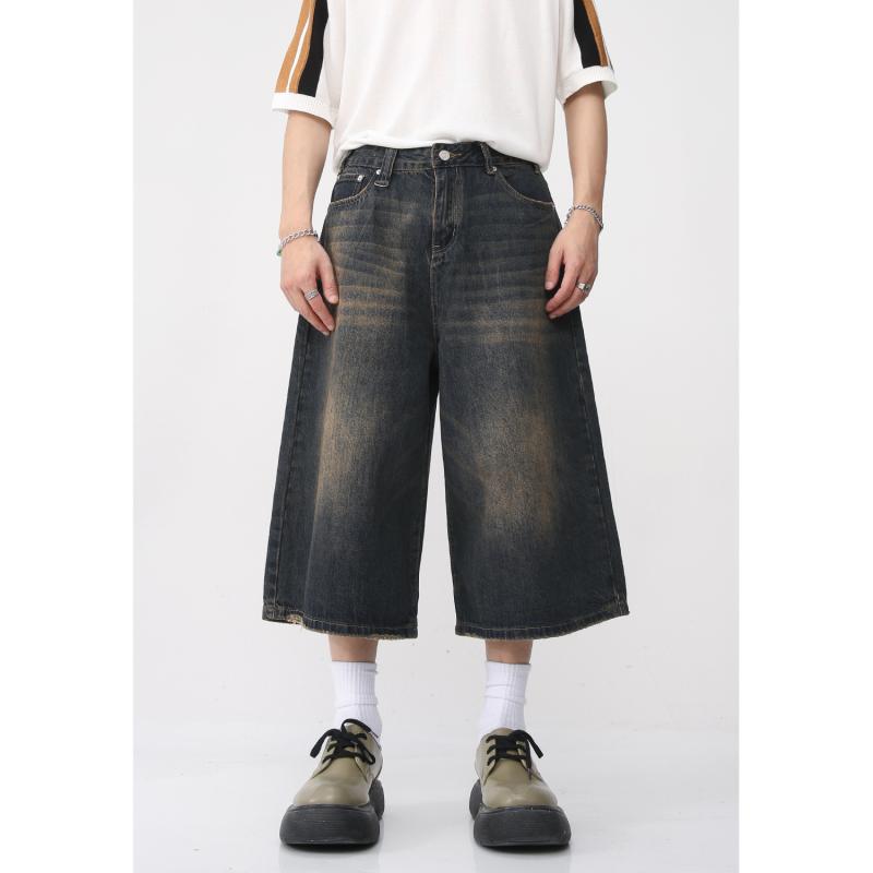 メンズ 牛仔パンツ デニム 七分丈 ワイドレッグ ゆったり シルエット 韓国風 スタイル ビンテージ 加工 水洗 効果 ミッドライズ ジッパー フラップ 普通 厚み 通年 対応 日常 使い 青年 向け コットン 混紡 素材 旧ブルー ディープブルー ブラ