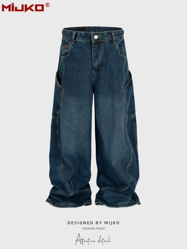 メンズ デニムパンツ コットン素材 直筒 微喇 ミドルウエスト ジッパー開き 無弾性 深ブルー ゆったりワイドレッグ テーパードシルエット 少年向け 通年用 普段使い 軽量 伸縮性なし コーンパンツ 工装風 刀形デザイン 大ポケット ラフスタイル ミリタ