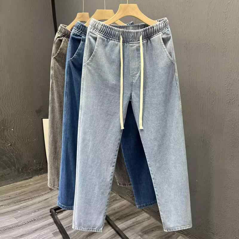 メンズ デニムパンツ 直筒 九分丈 コットン ストレッチ ミッドライズ ジップフライ 春夏 秋冬 通年 日常 ユース カジュアル 薄手 ゆったり ハーレム シルエット 水洗加工 刺繍 ディテール ライトブルー ライトグレー ダークブルー 高弾性 細脚口