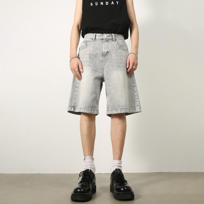 メンズ 牛仔パンツ 復古 ブルー 直筒 膝丈 ショートパンツ ミッドレングス デニム ショーツ 高腰 ラフ ルーズフィット 日常使い ポケット付き 洗い加工 ポリエステル混 無弾性 夏 ファッション ユース向け 都市スタイル 百搭 トレンド