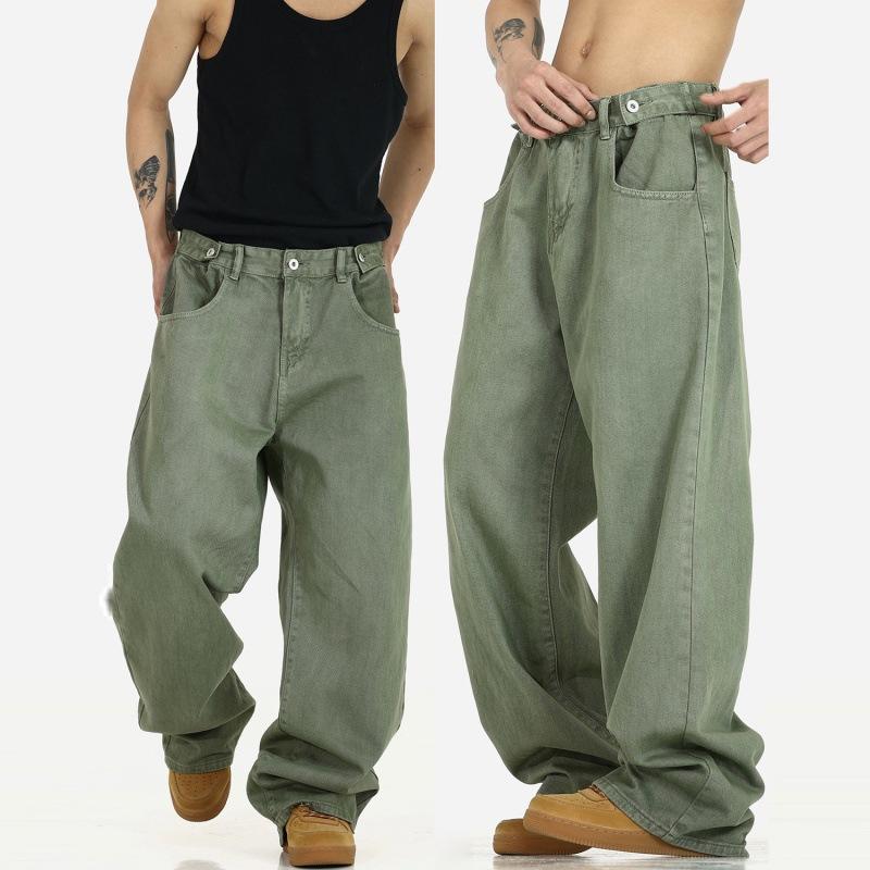メンズ 牛仔パンツ 直筒型 ヴィンテージ風 水洗加工 ハイウエスト ラックスフィール ゆったりシルエット 長丈 日常使い 通勤対応 混紡素材 ポケット付き 緑 黒 無弾性 軽量 スタイリッシュ トレンド ストリートファッション カジュアル ファッション