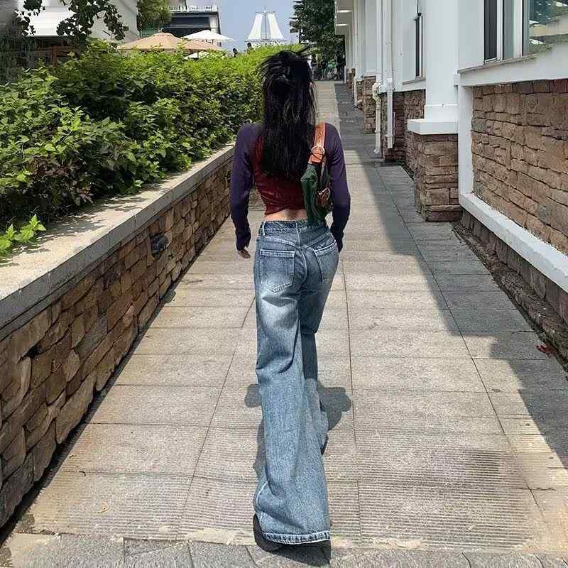 デニムパンツ 女性用 春季 気質 通勤風 高腰 微喇 ワイドレッグ ストレート ロング丈 ルーズフィット コットン素材 ウォッシュ加工 ミディアム厚 ジッパー ブルー 百搭 スリム効果 軽量 普段使い ビジネスカジュアル 切り替えデザイン