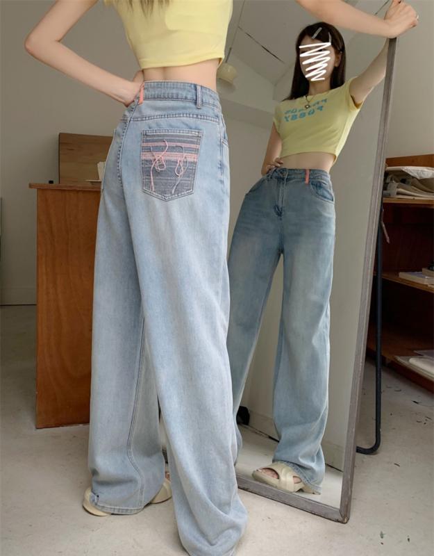レディース デニムパンツ 春夏 ライトブルー 高腰 ワイドレッグ ストレート ロング丈 ゆったり スリム効果 洗い加工 ヴィンテージ風 通勤スタイル ポケット 切り替えデザイン 牛仔布 中厚手 ノンストレッチ 気質カジュアル デイリーユース 軽量 快適素