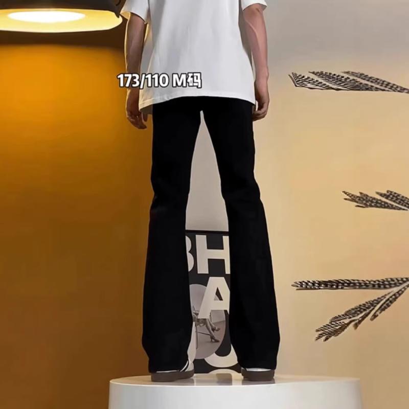 メンズ デニムパンツ 黒 高級感 大きいサイズ 伸縮性 ミッドライズ ブーツカット ストレート 微喇 切り替え ポケット 春秋 普段使い 長ズボン ジッパー 洗い加工 ポリエステル コットン ファッション スリム ロングレッグ ハイウエスト カジュアル