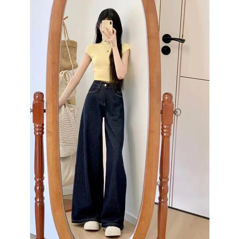 ワイドパンツ 女性用 デニム コットン 素材 高腰 直筒 シルエット スリム効果 垂れ感 ゆったり ロング丈 ミッドウェイト 微弾性 無地 秋季 甘め フレッシュ スタイル イージーケア ダークブルー 通勤 普段使い