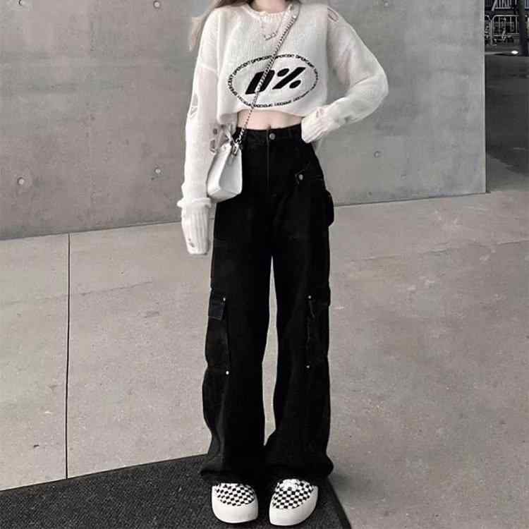 レディース デニムパンツ 女性用 ビッグサイズ 梨型体型対応 ストレート ワイドレッグ ミリタリー ストリートスタイル 夏用 ブラック ミドルウエスト ミディアム厚 ジッパー マイクロフレア ポリエステル混 微弾性 軽量 伸縮性 吸湿速乾 通勤 普段使い