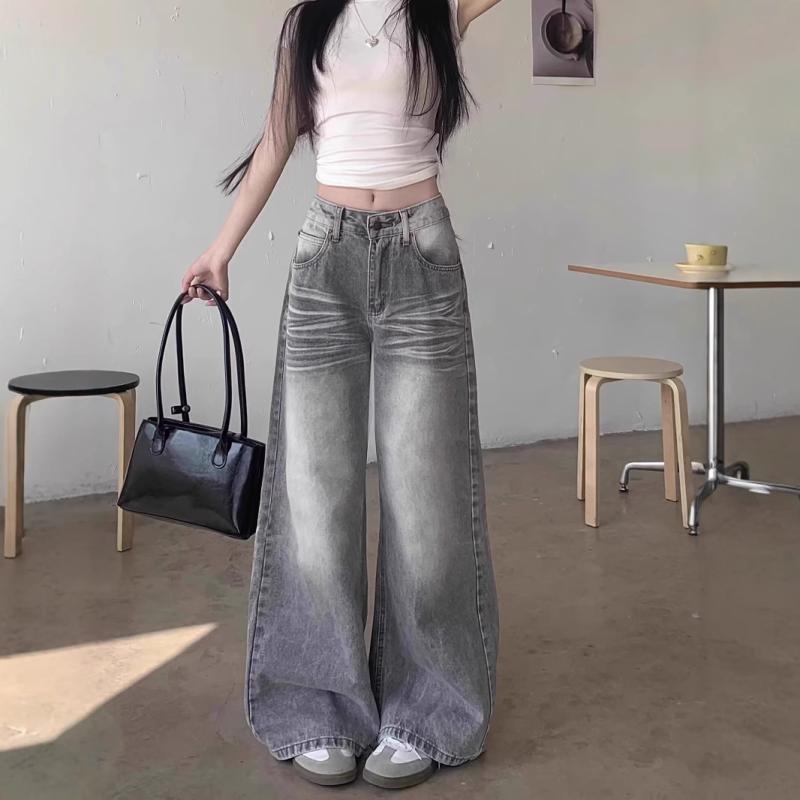 女性用 デニムパンツ 春夏 直筒型 高腰 ワイドレッグ ロング丈 ヴィンテージ加工 水洗仕上げ 綿混紡 グラデーション紋 スリム効果 脚長 ゆったりシルエット 普段使い 快適 伸縮なし 中厚 免・聞 グレー系 デイリーカジュアル 日韓スタイル