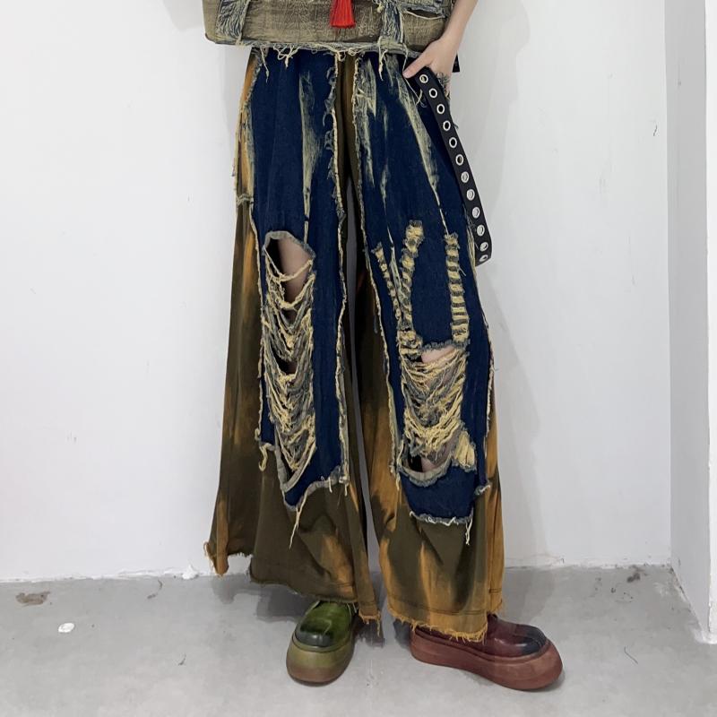 レディース 牛仔パンツ 春夏 ワイドレッグ ロング丈 タイトスカート コットン ポリエステル ミックス 綿素材 デニム 生地 松?腰 イージー ハランパンツ ストレート 筒 形 中厚 無弾力 ストリート スタイル トレンド ファッション 個性 クール タ