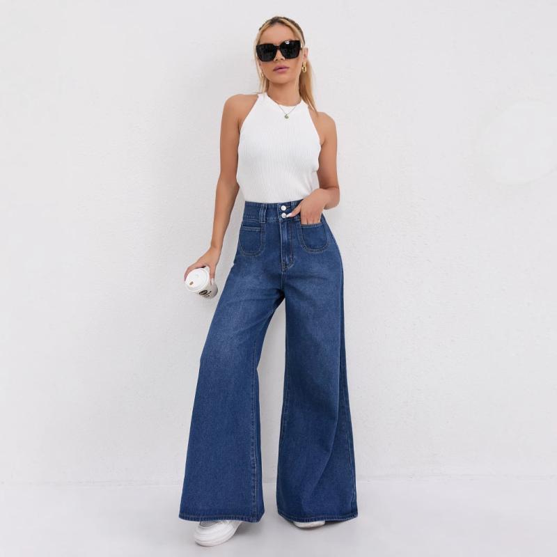 レディース デニムパンツ ワイドレッグ ロング丈 ハイウエスト コットン混 再生繊維 洗い加工 ヴィンテージ風 ゆったりシルエット 深色ブルー ラフスタイル すっきり脚長効果 快適カジュアル 日常使い