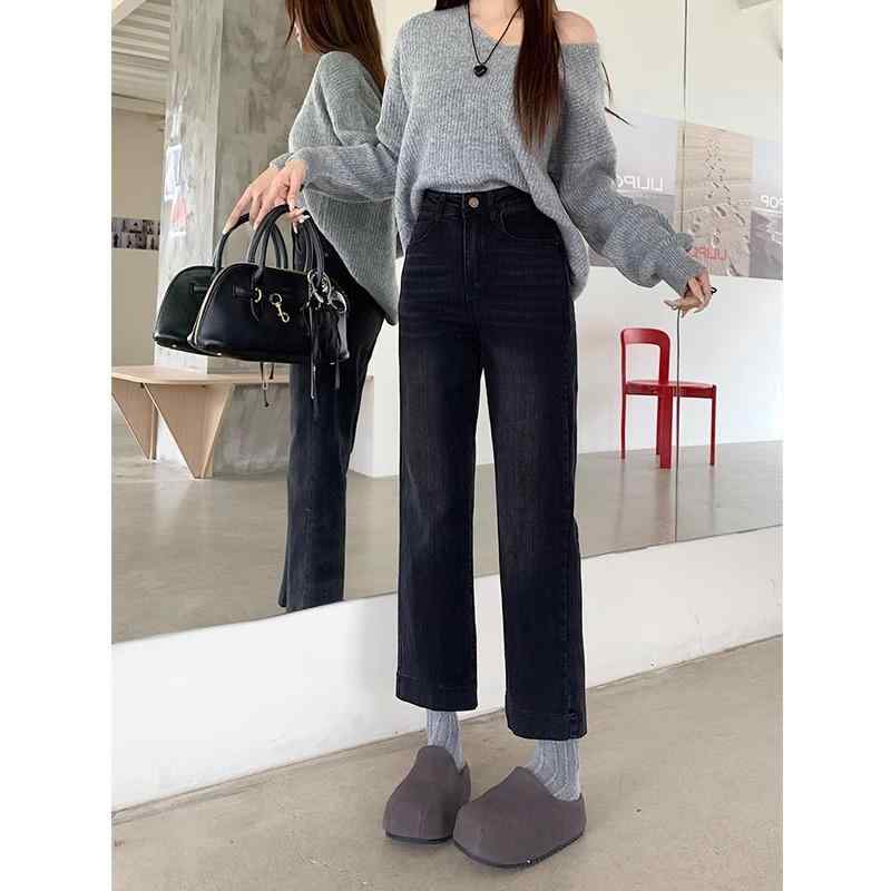 レディース 牛仔パンツ ブラック 直筒型 高腰 九分丈 スリムフィット 梨型体型対応 大きいサイズ 通勤スタイル 気質 伸縮性 牛仔コットン ポケット 立体裁剪 早春 煙管スタイル ワイドパンツ デニム ハイウエスト ミドル丈 ボディカバー ビジネスカジ