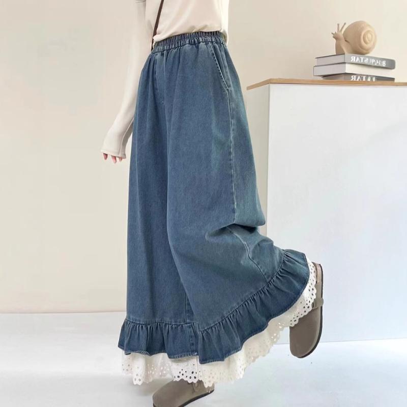 ワイドパンツ レディース デニム コットン 切り替え レース フラワーエッジ ゆったり シルエット ストレート スリム ロング丈 中腰 微弾性 ブルー 冬 快適 日常使い カジュアル スタイル ゆったり風 軽量 伸縮性 吸湿速乾 デイリー ルームウェア (x3)