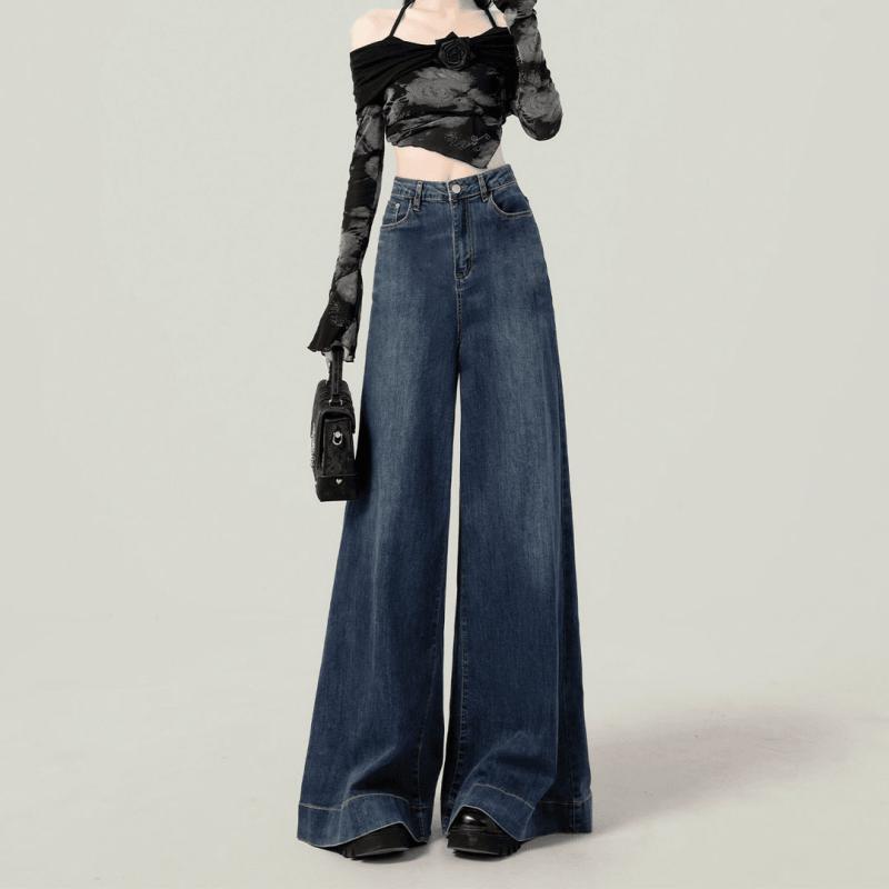 レディース デニムパンツ ハイウエスト ワイドレッグ 秋冬 通勤風 気質スタイル 伸縮性 高弾力 軽量 砂洗加工 ビッグシルエット 切り替えデザイン 復古風 ゆったり スリム効果 ロング丈 直筒型 スカートパンツ風 デニム生地 中厚 ブルー系 アイボリー