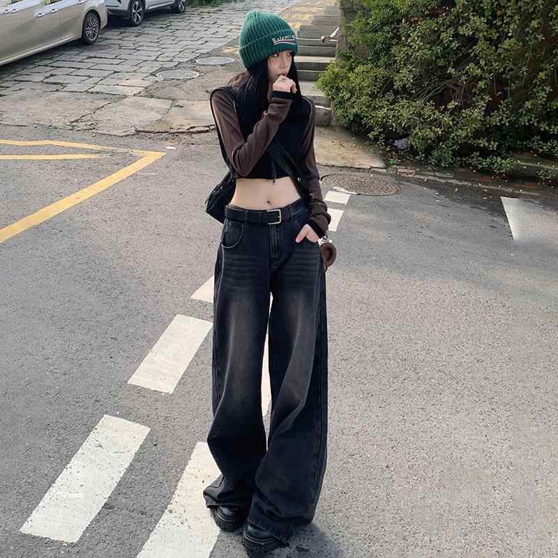レディース デニムパンツ 高腰 ストレート ワイドレッグ ロング丈 黒灰色 通勤風 気質 コットン ポリエステル 中厚 ポケット 無弾性 ゆったり スリム効果 スタイルアップ 免?加工