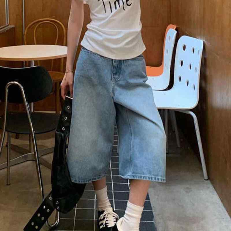 七分 デニム ショーツ レディース 夏 春夏 高腰 ワイドレッグ ルーズフィット スリム効果 薄手 直筒 デニムパンツ 綿混 ストレッチ 加工 洗い加工 復古ブルー ライトブルー 快適 日常使い カジュアルスタイル デイリーウェア