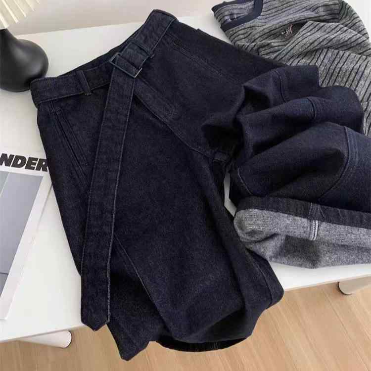 ワイドパンツ 女性用 夏 通勤 通勤風 高腰 デニム 綿 ポリエステル 微弾力 直筒 切り替え 口袋 軽量 遮胯 スリム 梨形対応 長丈 洗いざらつ ブルー 気質 普段使い