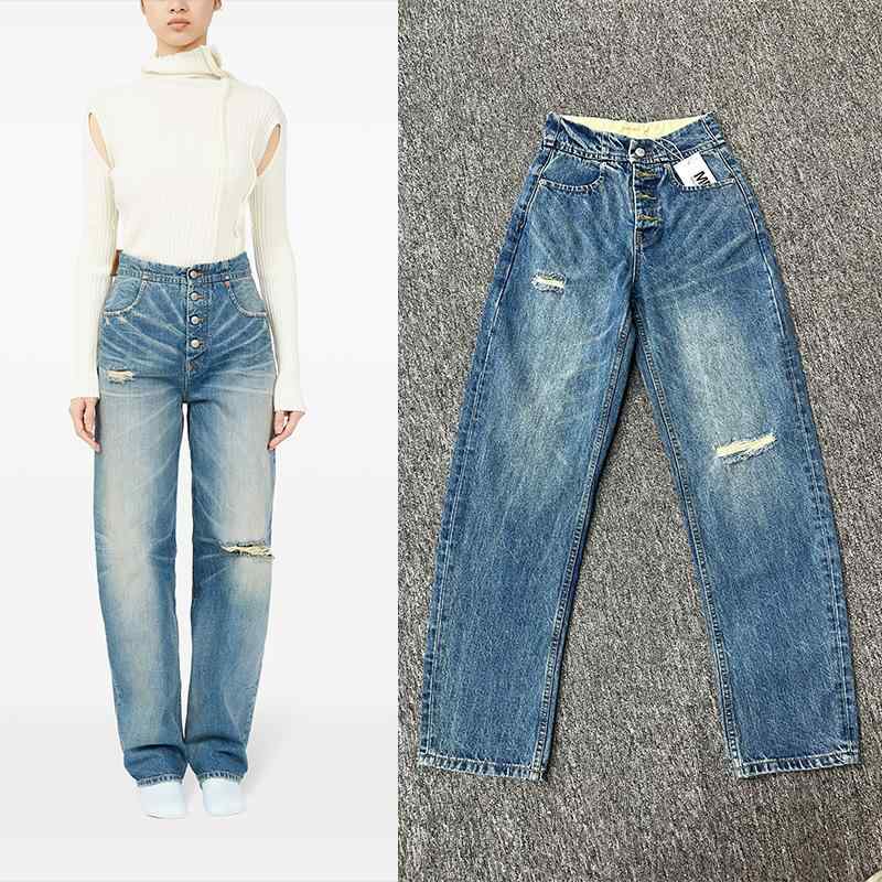 デニムパンツ 女性用 ハイウエスト ストレート ワイドレッグ ゆったり 破れ ロングパンツ 綿素材 ブルー 春夏 ストリートスタイル 個性 欧米風 直筒型 長丈 通勤 普段使い カジュアル