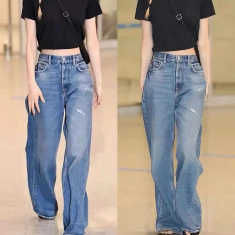 レディース ジーンズズボン下 直筒 高腰 ワイドレッグ ロング うつり変わり 3D 立体柄 青色 綿織物 麻 混紡 朦々たる 無反発力 手磨き産業 春陽 表どおり 鍵を掛ける表現スタイル ゆったり影ぼうし 普段使い走り 伸縮なし