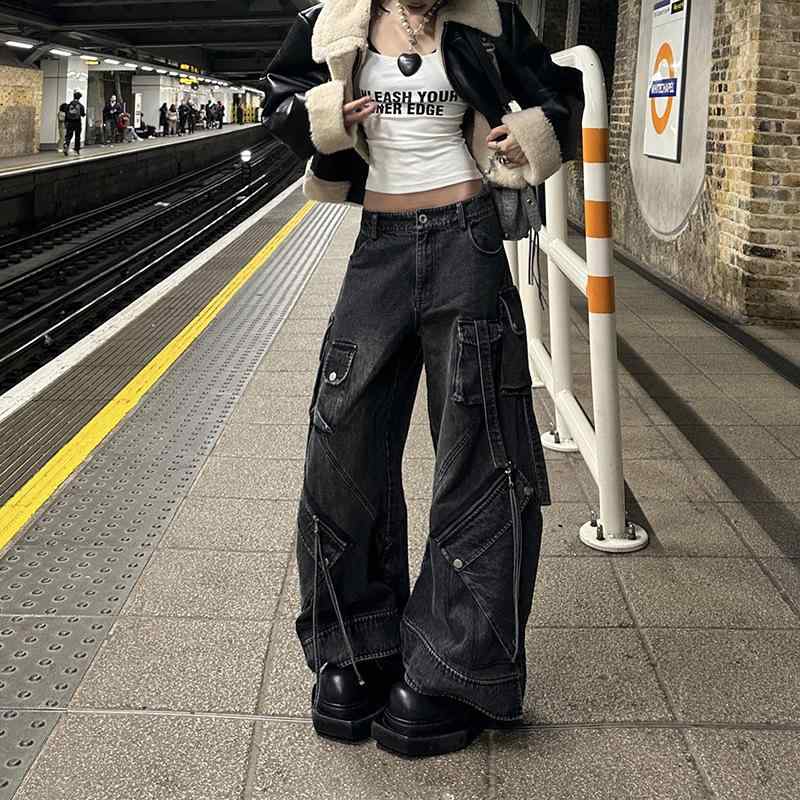 レディース 牛仔パンツ ブラック ワイドレッグ ロング丈 ゆったり ヴィンテージ ストリート 作業着風 複数ポケット 低腰 ミッドウェイト ポリエステル ストレッチ ストレート 気質 優雅 私服 メンズ風 デニム 素材 普段使い カジュアル スタイル ヒ｜トミーショップ 店