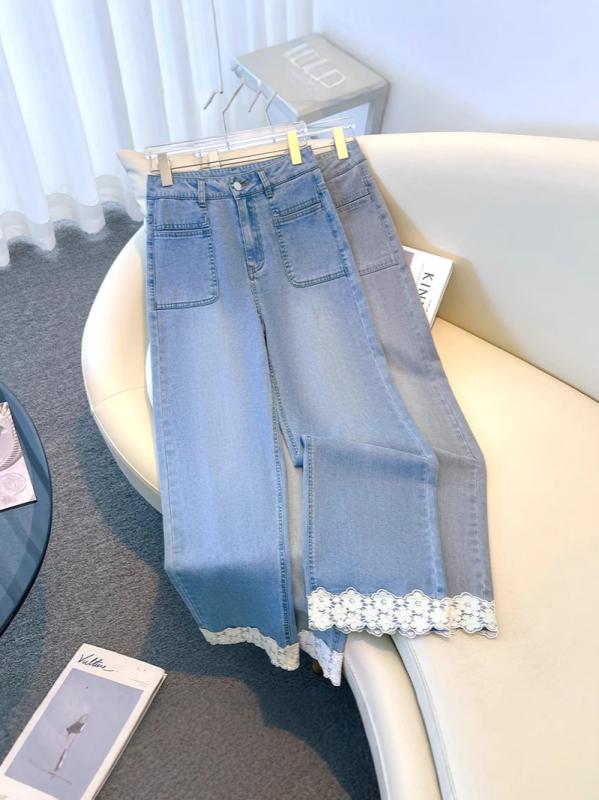 レディース ワイドパンツ デニムパンツ 九分丈 ハイウエスト 薄手 軽量 伸縮性 接触冷感 レイシーファイバー ポリエステル 切り替えレース ラウンドカット 直筒 ルーズフィット ピッタリ丈 小柄対応 ゆったりシルエット ライトブルー グレー 通勤 普段