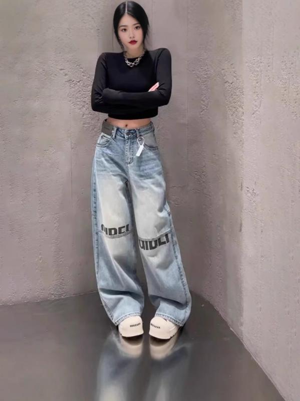 レディース デニムパンツ 直筒 ハイウエスト ワイドレッグ ロング丈 軽量 伸縮性なし 浅ブルー ストレート ゆったり スリム 軽やか 普段使い 街着 欧米風 セクシー カジュアル 吸湿速乾 免? ポリエステル 混紡 ミドル厚