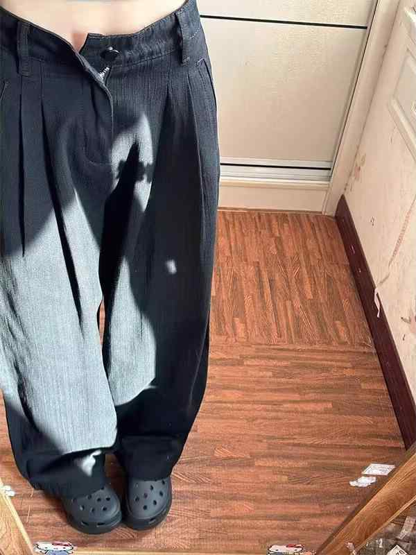 パンツ レディース デニム 直筒 高腰 ワイドレッグ ブラック 春夏 通勤 気質 ゆったり 微弾性 綿混 ポリエステル ポケット しわ加工 長丈 百搭 スリム効果 ロングパンツ 普段使い 軽量 伸縮性