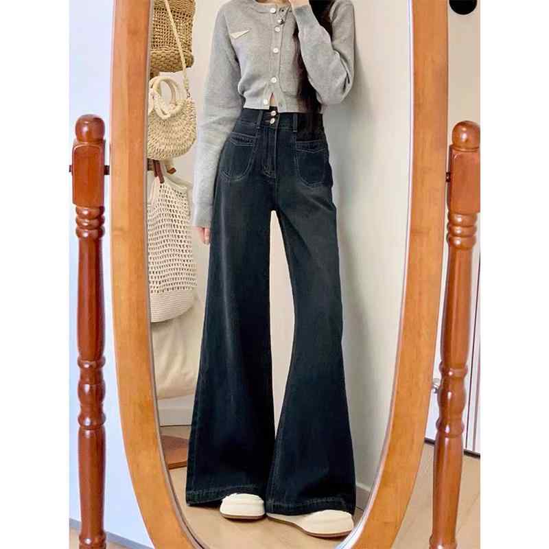 パンツ 女性用 デニム ハイウエスト ワイドレッグ ストレート 秋冬 通勤風 気質 快適 ゆったり 綿素材 中厚 ジップ ボタン 多ポケット 深ブルー 長丈 牛仔布 ビジネスカジュアル