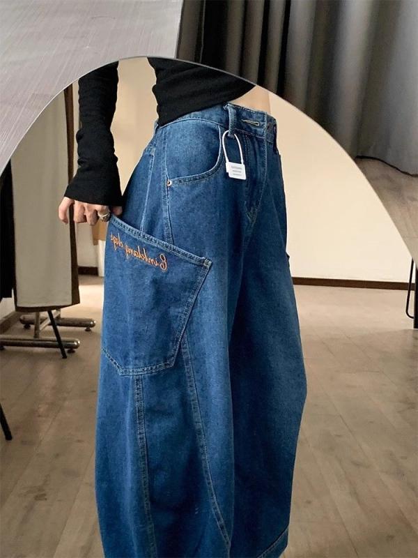 デニムパンツ 女性用 ワイドレッグ ハイウエスト コットン ポリエステル 混紡 薄手 ロング丈 深ブルー シンプル ストリート 春夏 快適 ゆったり 普段使い